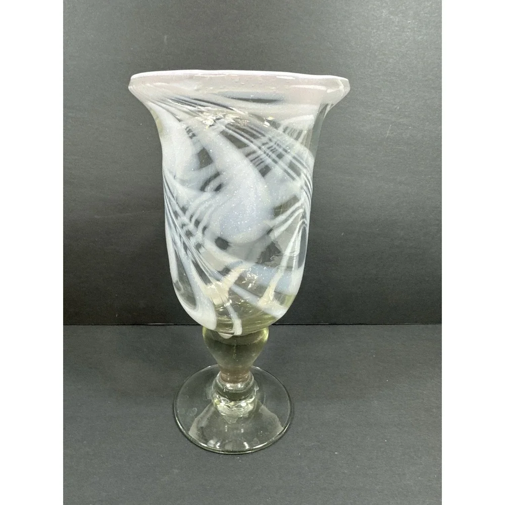 Hurricane/Celery Pedestal Vase/Goblet Pink Opaque Cloudy Swirl 7.75